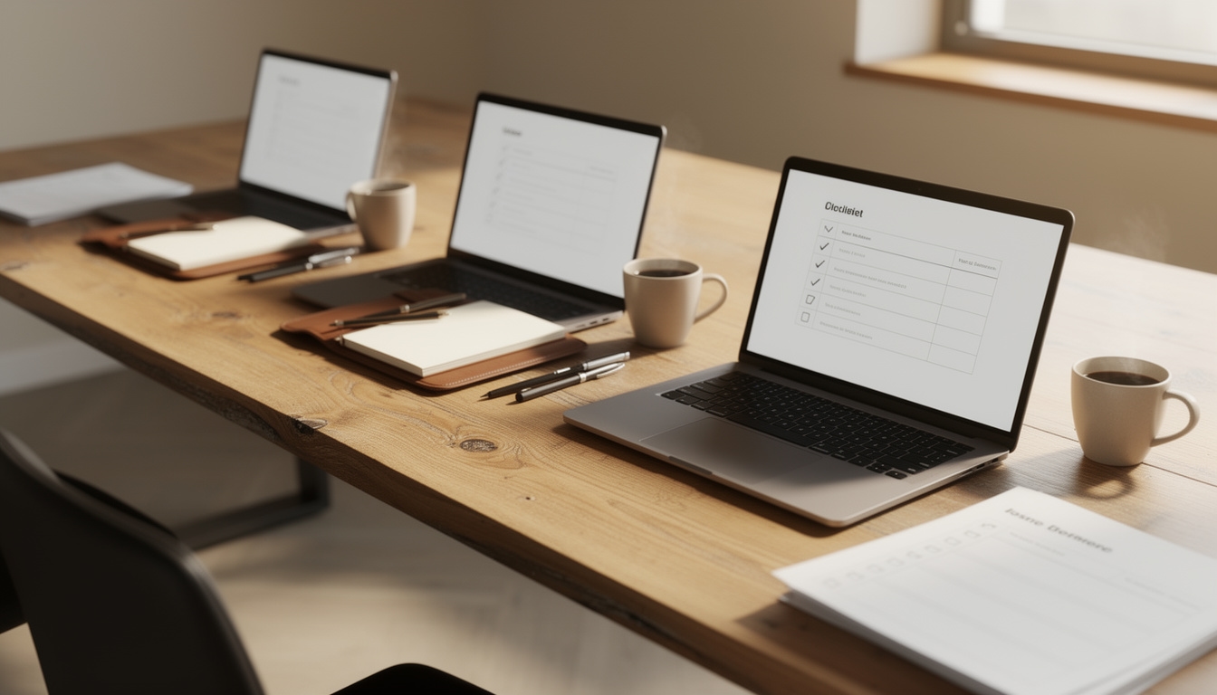 Wnętrze sali warsztatowej z miejscami pracy przy laptopach i dużym ekranem